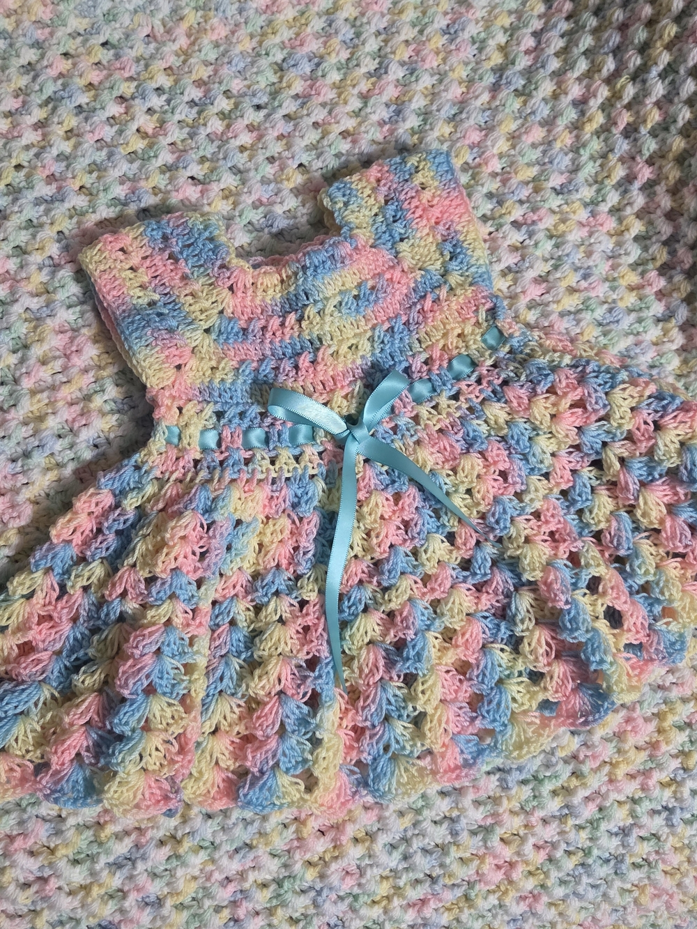 Handmade Pastel Crochet Baby Dress with Blue Ribbon